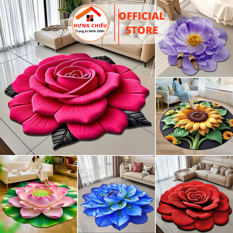 Thảm trải sàn bali in hình hoa 6D đế cao su chống trơn trượt thấm hút nước - Hưng Chiếu ED03
