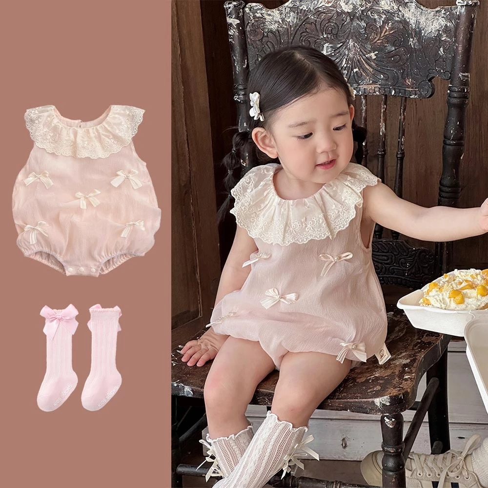 2Pcs sơ sinh em bé sơ sinh gạc bé gái áo liền quần mùa hè không tay thời trang ve áo phù hợp cho bé 0-24 tháng tuổi