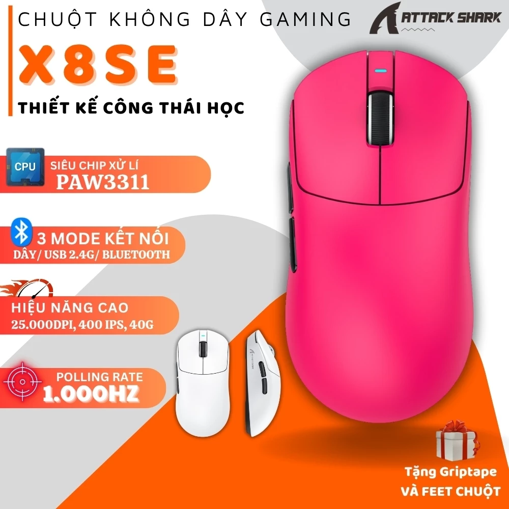 Chuột Gaming Không Dây Attack Shark X8 SE - Bề Mặt Nhám Chống Trượt, Cảm Biến PAW3311, DPI 25.000