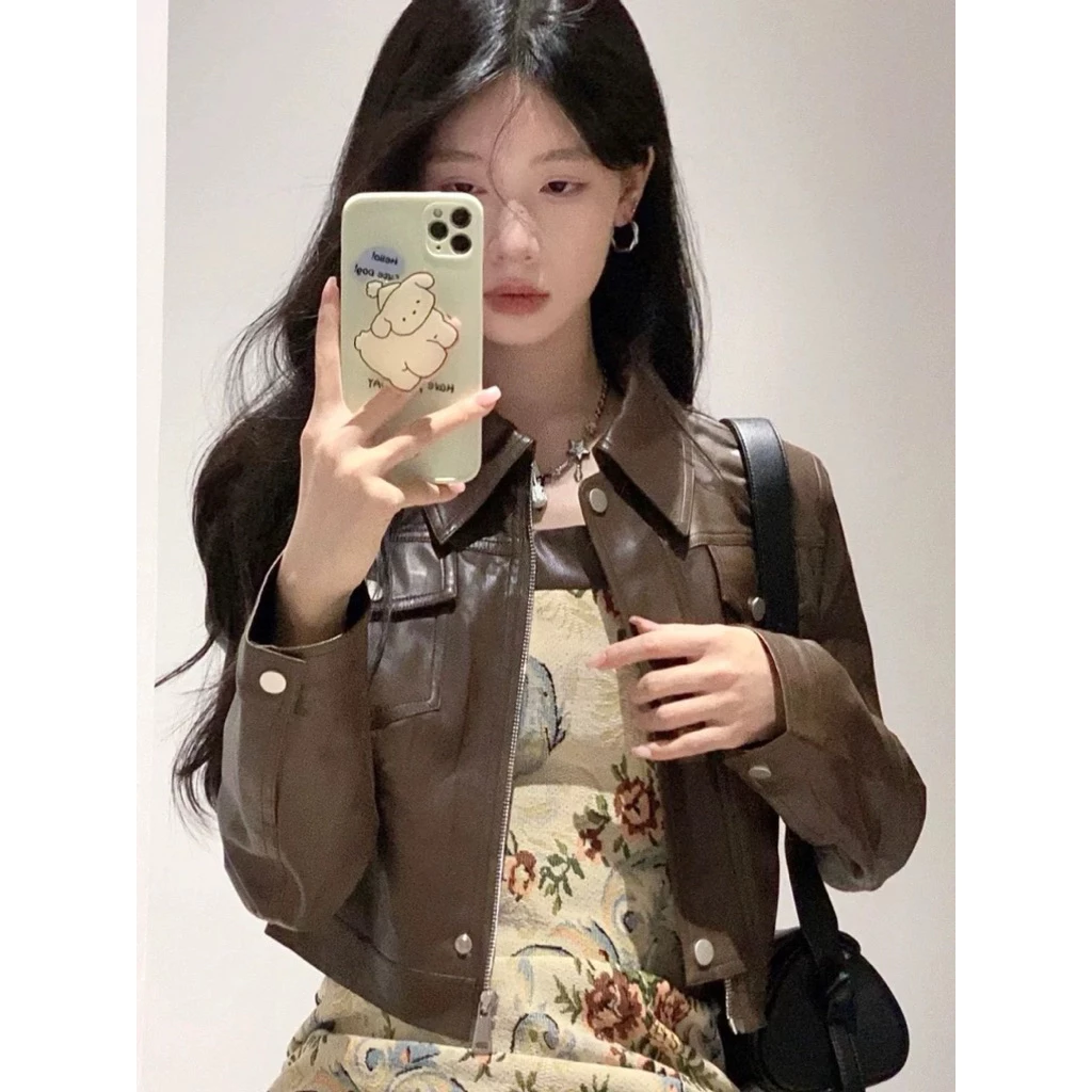 Áo croptop nữ chất liệu da PU cao cấp khóa zip màu nâu phong cách Hàn Quốc