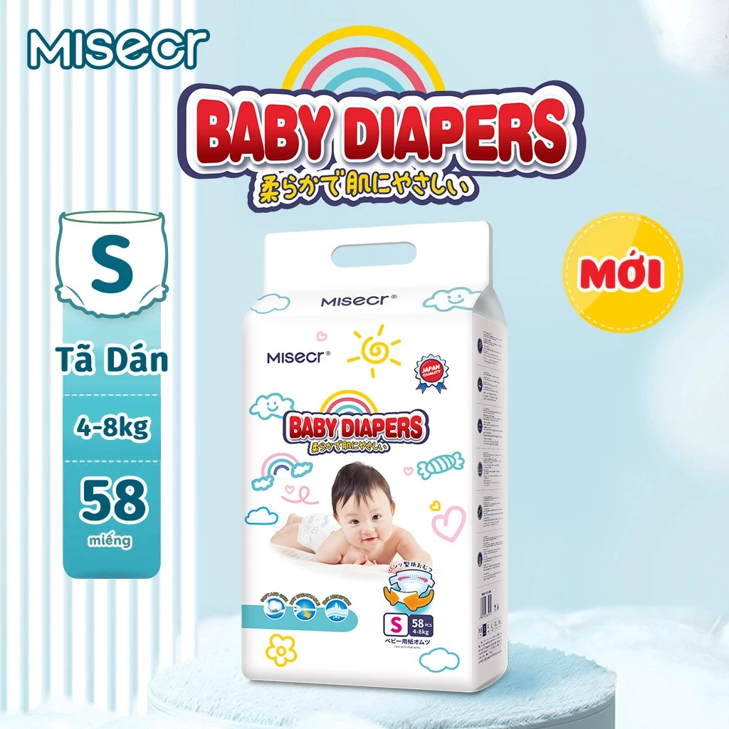 [MIỄN PHÍ VẬN CHUYỂN]  Misecr Tã Dán Trẻ Em  (S58/M52)mua 1 gói tặng 1 gói khăn ướt,   bỉm mỏng,  siêu khô