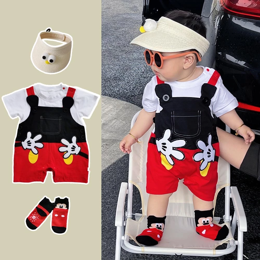 3Pcs Áo liền quần dành cho nam và nữ trẻ sơ sinh 100% cotton Disney Mickey Mouse Cartoon Áo liền quần (0-24 tháng)