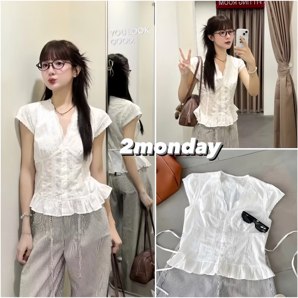 [HÀNG QC/ LOẠI 1] ÁO CÁNH TIÊN REN CỔ V TAY HẾN XẺ NGỰC CÓ LÓT IN HÌNH NƠ SIÊU XINH 2MONDAY A79