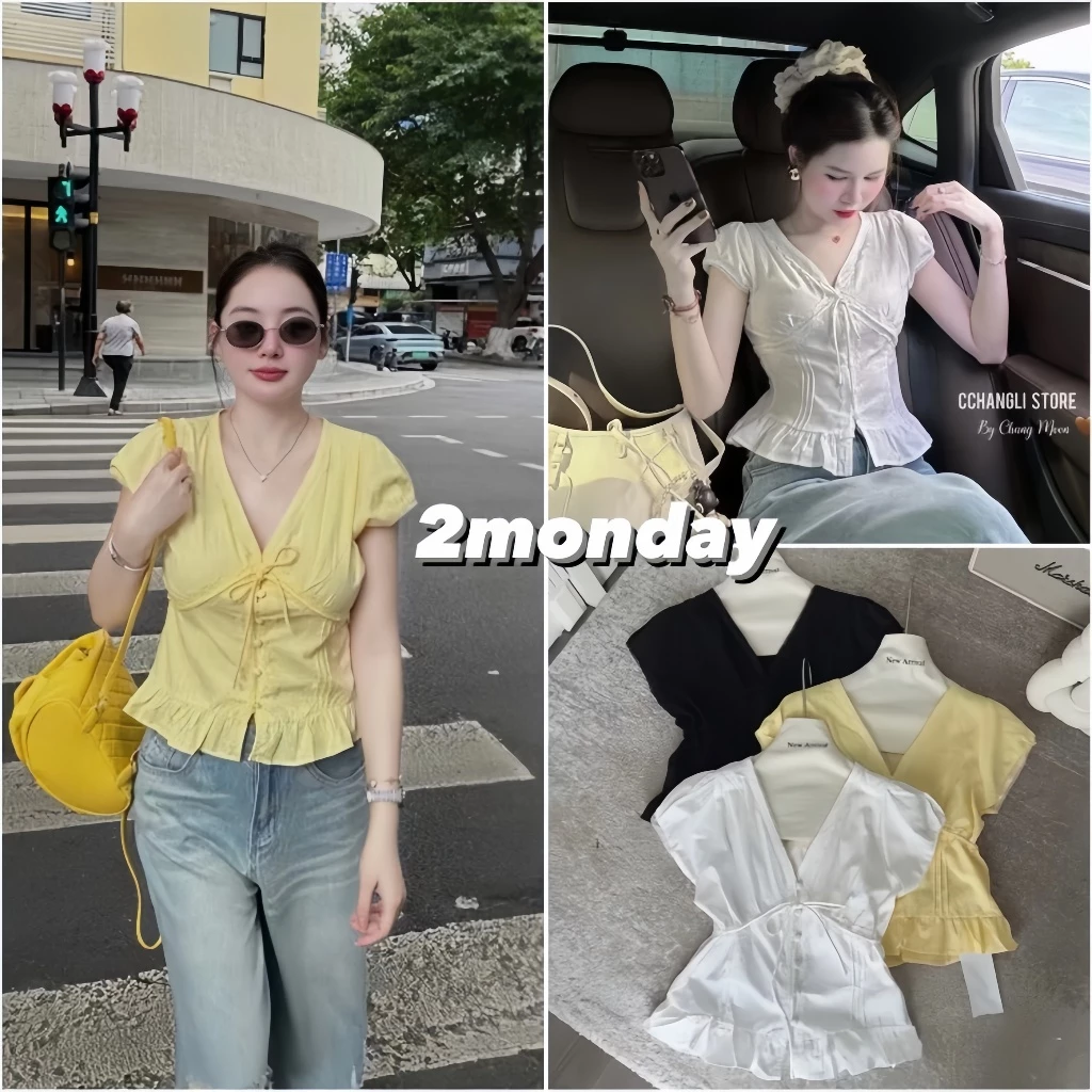 [VIDEO/ SẴN] ÁO KIỂU NỮ VIỀN REN BÈO CỔ V CÚC BỌC ĐÍNH NƠ SIÊU XINH 2MONDAY A89