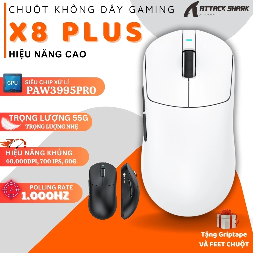 Chuột Gaming Attack Shark X8 PLUS - 3 Chế Độ Kết Nối, Cảm Biến PAW3395, 40.000 DPI, 1.000Hz, Appp