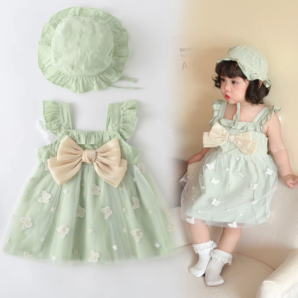 Em bé sơ sinh bướm màu xanh lá cây công chúa phong cách không tay vải lưới váy dài cô gái trăng tròn váy (0-24 tháng)