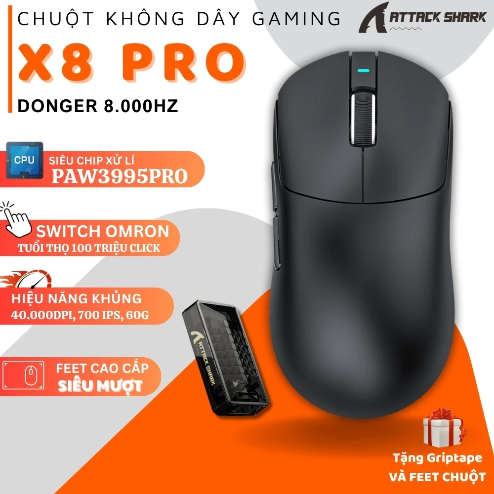 Chuột Gaming Attack Shark X8 PRO - PixArt PAW3395PRO, Donger 8.000Hz, Siêu Nhẹ 55g, 3 Chế Độ Kết Nối