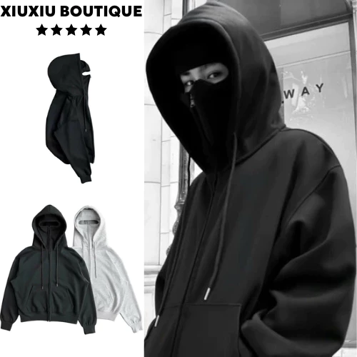 Áo Hoodie Zip 2 mũ NINJA Form Rộng Unisex – Áo Khoác Nỉ Trơn Basic, Chất Nỉ Bông Mềm Dày Dặn