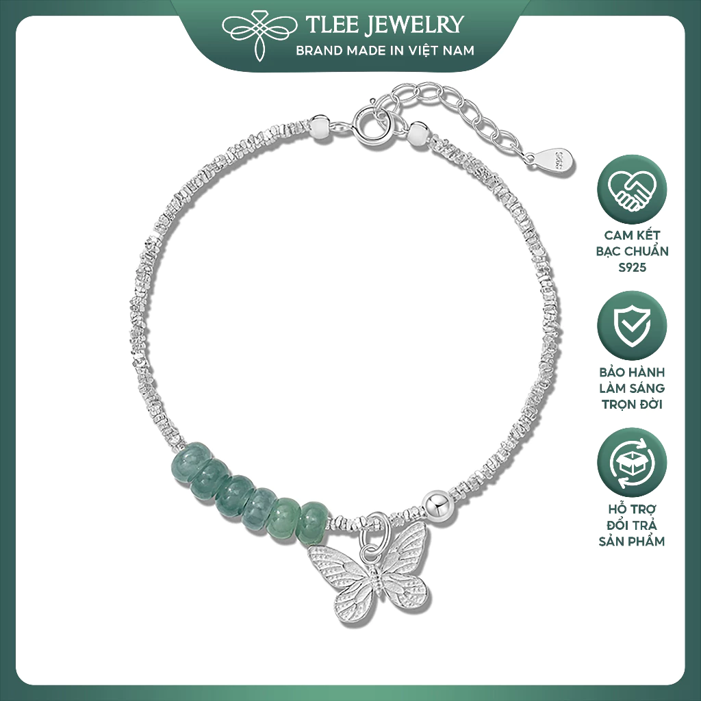 Vòng tay bạc nữ s925 hạt bạc vỡ charm hồ điệp mix đá lục ngọc lam băng phong thủy tự nhiên TLEE JEWELRY LT0422