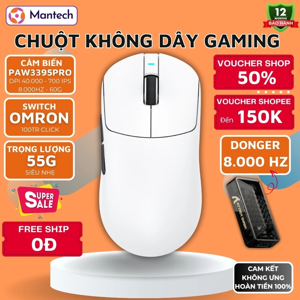 Chuột Gaming Attack Shark X8 Pro - PAW3395, 8.000Hz, Thiết Kế Nhẹ, 3 Chế Độ Kết Nối, App Tùy Chỉnh