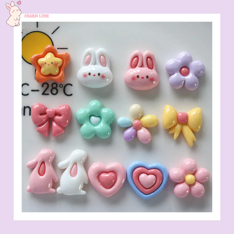 Charm Ngọt Ngào Mix Mẫu: Ngôi Sao, Thỏ, Hoa, Trái Tim, Nơ – Phụ Kiện Decor DIY, Slime, Ốp Lưng, Dụng Cụ Học Tập