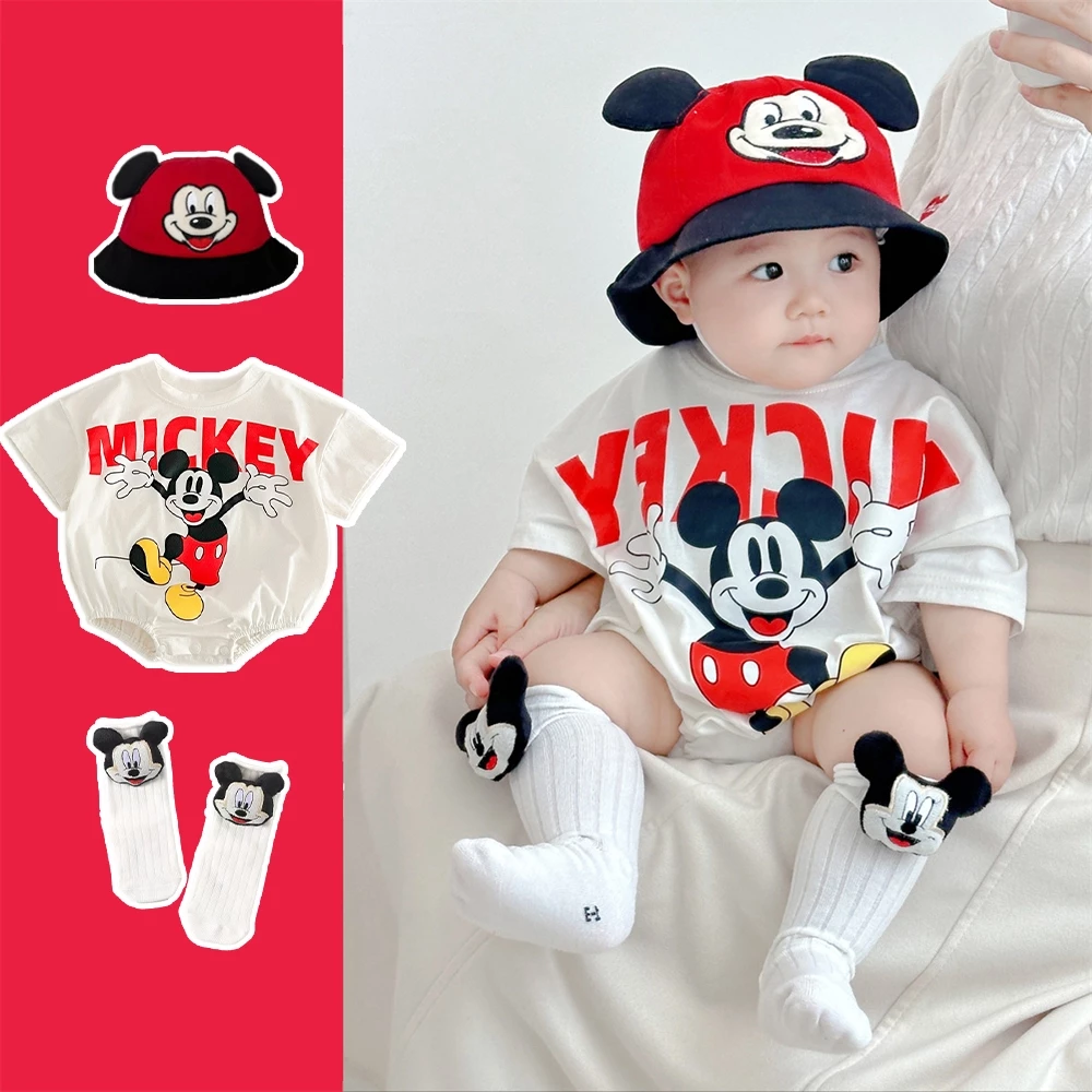 Bộ 3 mảnh Disney sơ sinh Mickey Cartoon liền áo liền quần cotton thoáng khí ngắn tay mùa hè cho bé trai