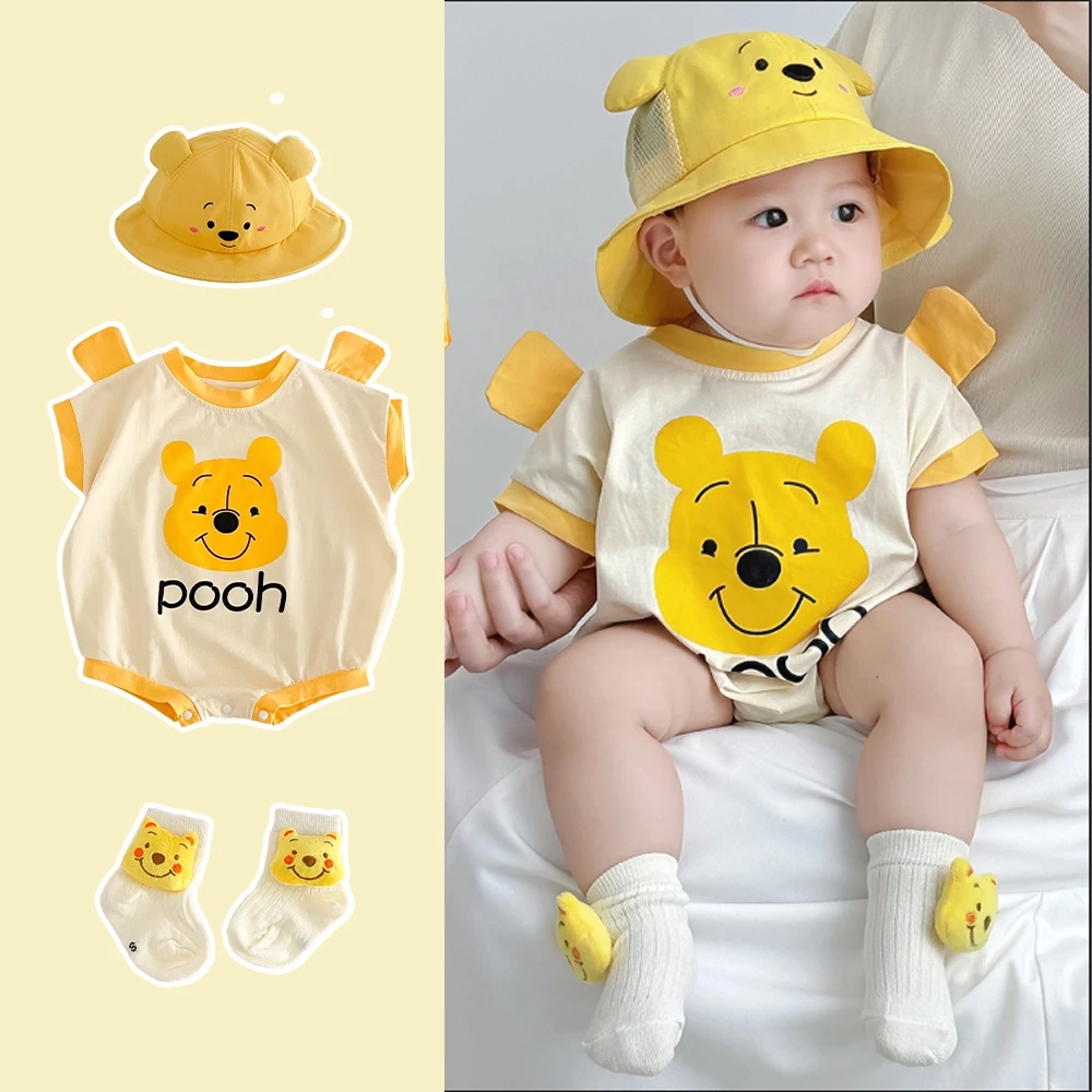 Bộ 3 món đồ trẻ sơ sinh Disney Winnie the Pooh họa tiết hoạt hình bé trai mùa hè tay ngắn cotton thoáng khí 0-24 tháng