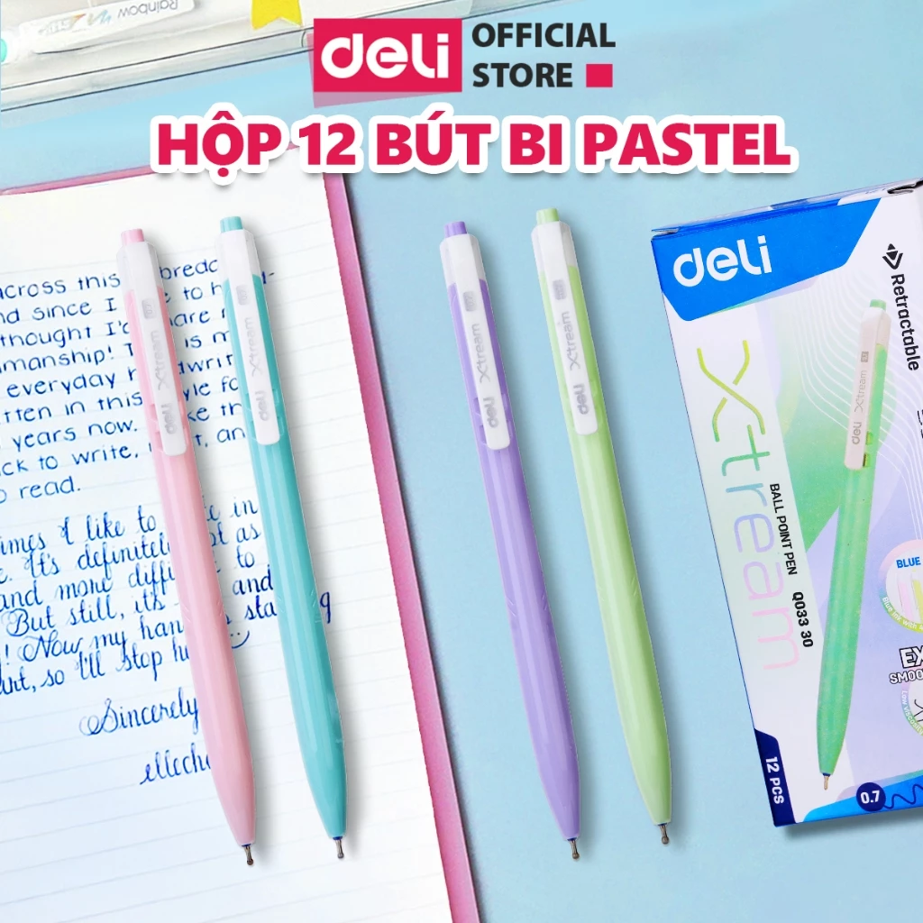 Hộp 12 Chiếc Bút Bi Bấm Deli Học Sinh Văn Phòng Mực Xanh Viết Nét Đều Trơn Tru Không Tắc Mực Nhanh Khô