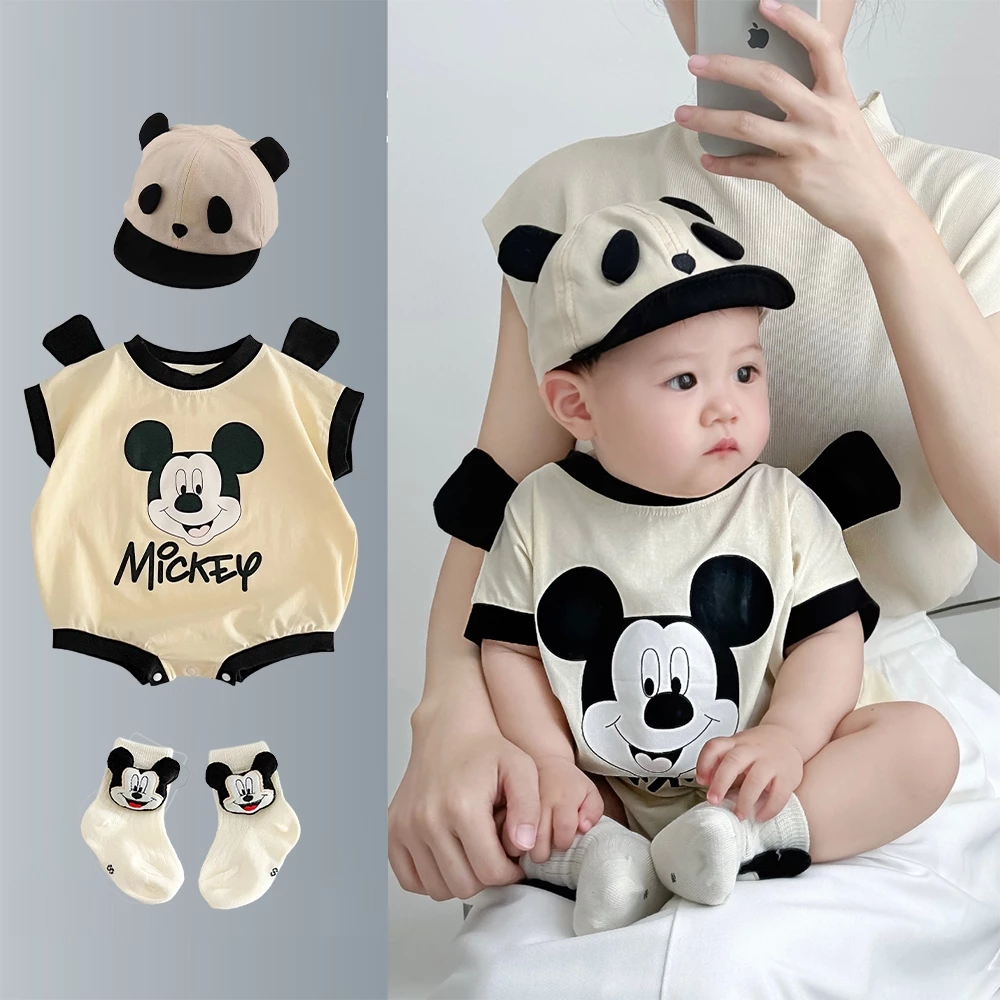 Bộ đồ 3 mảnh dành cho bé sơ sinh Disney họa tiết hoạt hình Mickey cho bé trai một mảnh mùa hè tay ngắn cotton 0-24 tháng