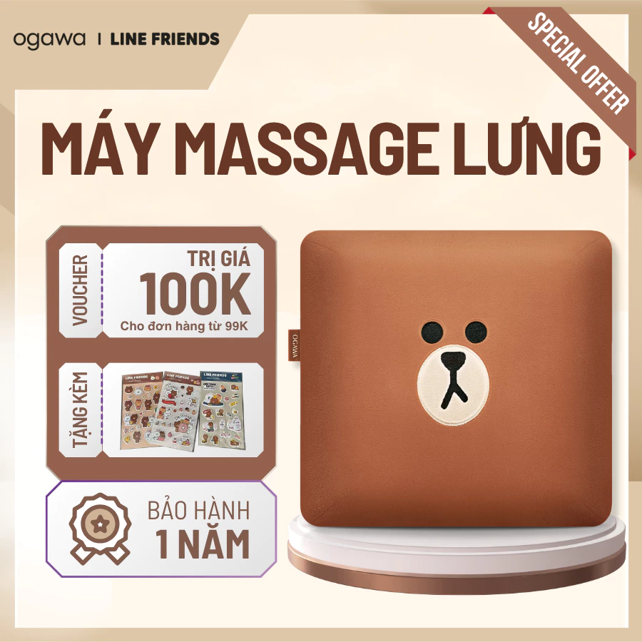 Gối massage OGAWA LINE FRIEND  nhiệt nóng hồng ngoại  - Massage thư giãn cổ, vai, lưng, bụng