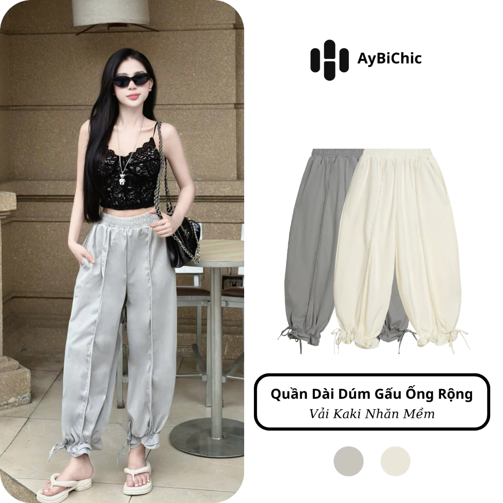 Quần Dài Nữ Women Dúm Gấu Ống Rộng Dáng Trơn Basic Thoáng Mát Cạp Chun Co Giãn Nhẹ AyBiChic B177