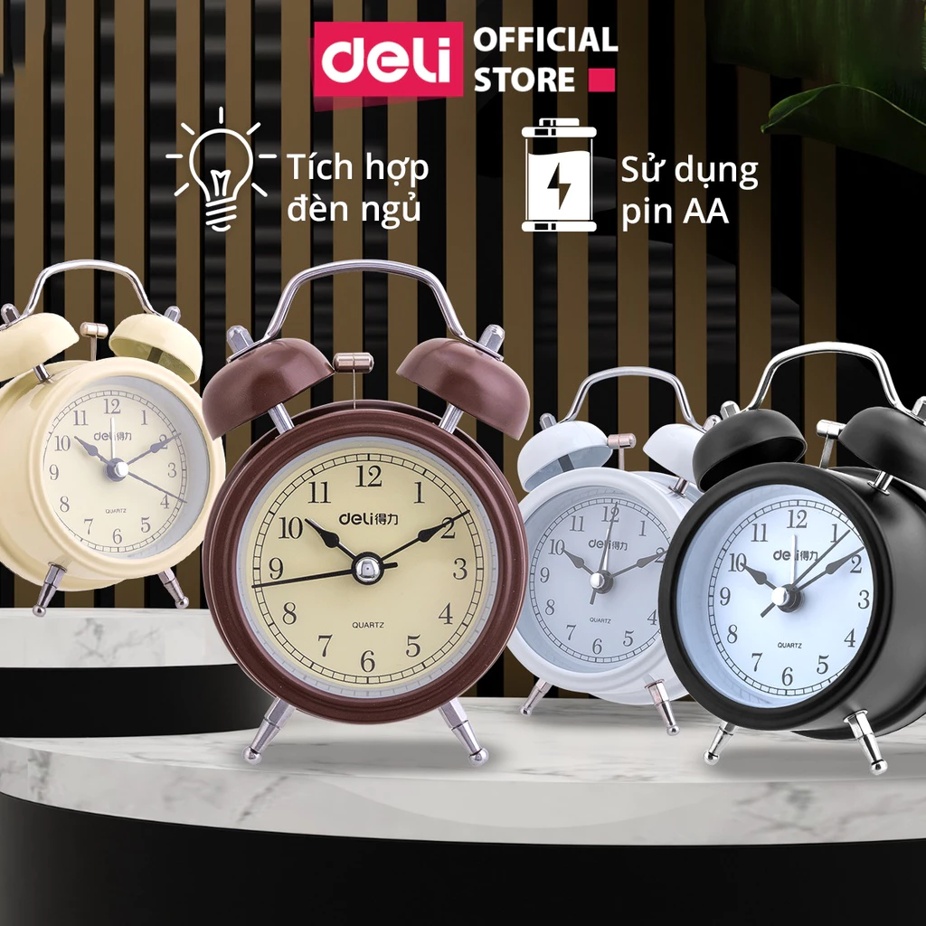 [TẶNG PIN + HỎA TỐC] Đồng Hồ Báo Thức Để Bàn Cổ Điển DELI Hai Chuông Kim Trôi Êm, Báo Thức To Trang Trí Bàn Học