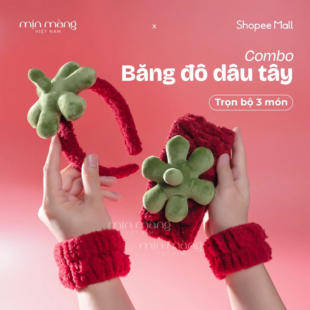 Băng Đô Rửa Mặt Đeo Tay, Cài Tóc, Bông Dày Tránh Nước Combo 3 Món Dễ Thương HÌNH DÂU TÂY
