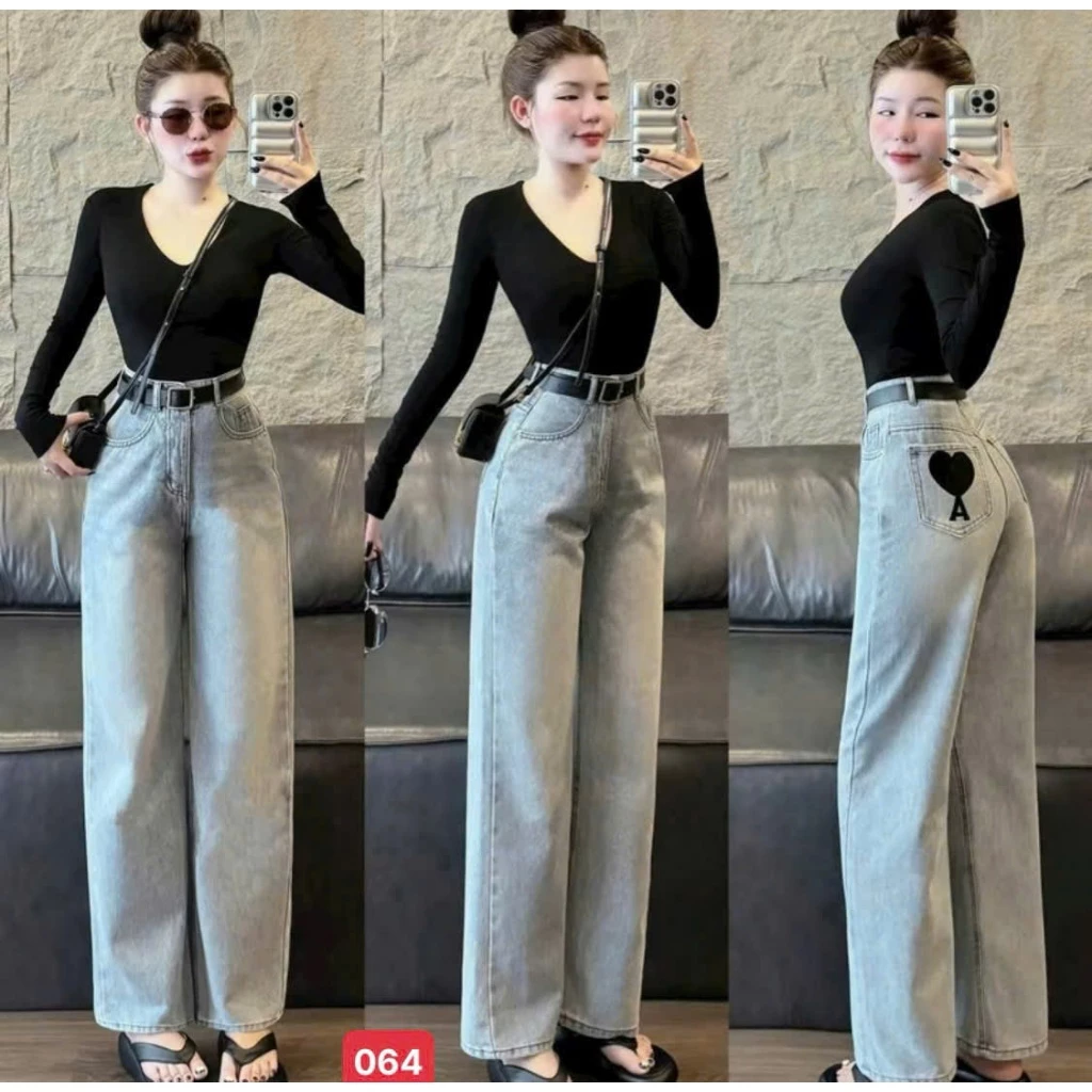 Quần jean Nữ Suông Lưng Cao, Quần Baggy Jean Nữ Ống Rộng chất bò mềm thời trang trẻ trung - MQ064