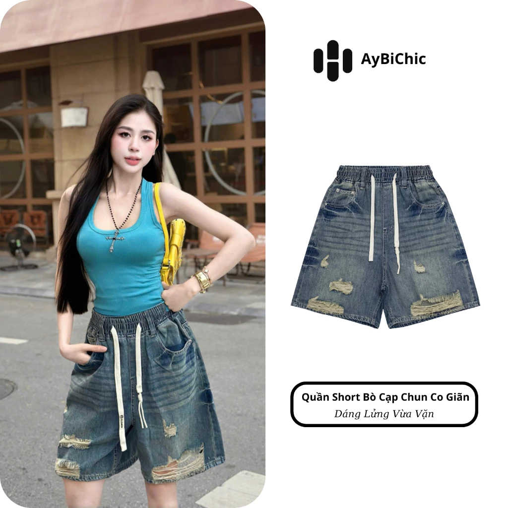 Quần Short Bò Jean Nữ Woven Cạp Chun  Co Dãn Đánh Rách  Dễ Phối Đồ AyBiChic  AB132