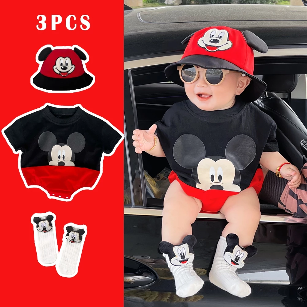 Bộ 3 món đồ cho bé sơ sinh Disney ngắn tay hoạt hình chuột Mickey in họa tiết mùa hè thời trang cho bé trai và bé gái