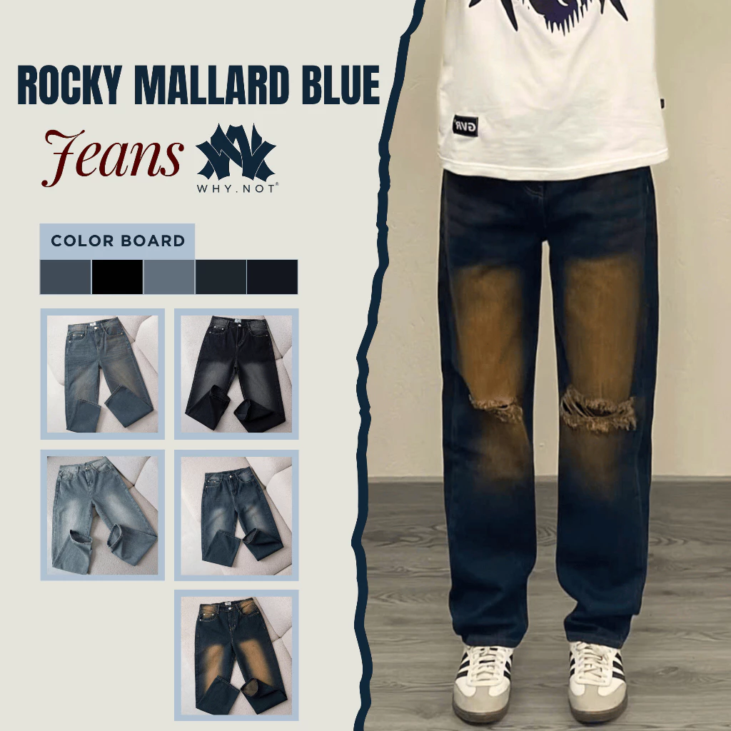[Có Bigsize]-Quần Jeans Nam Suông WHY.NOT Màu Xanh Cổ Vịt Wash Vàng Cá Tính- Quần Jean Nam Rách Gối