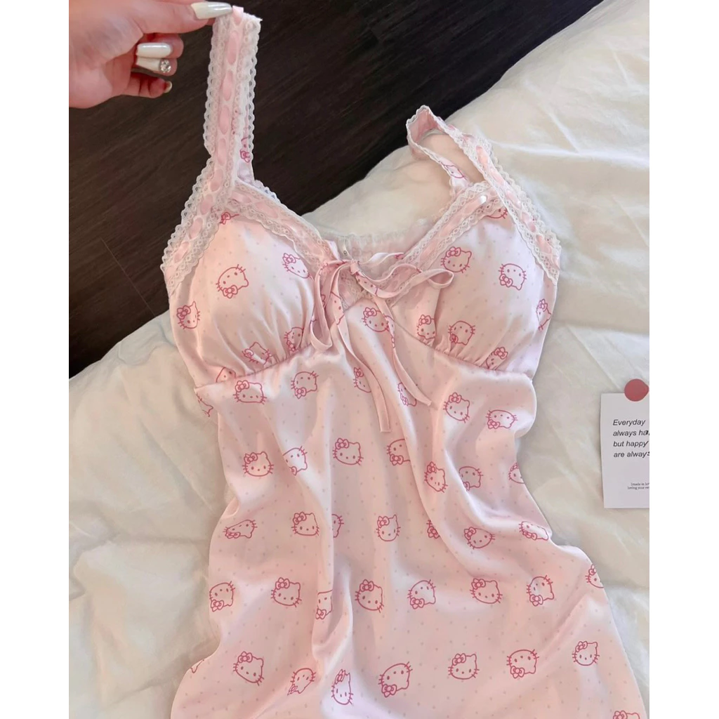 [428] Đầm váy ngủ suông cho nữ màu Hồng Kitty chất lụa Satin mềm mát thoải mái phối ren sexy gợi cảm