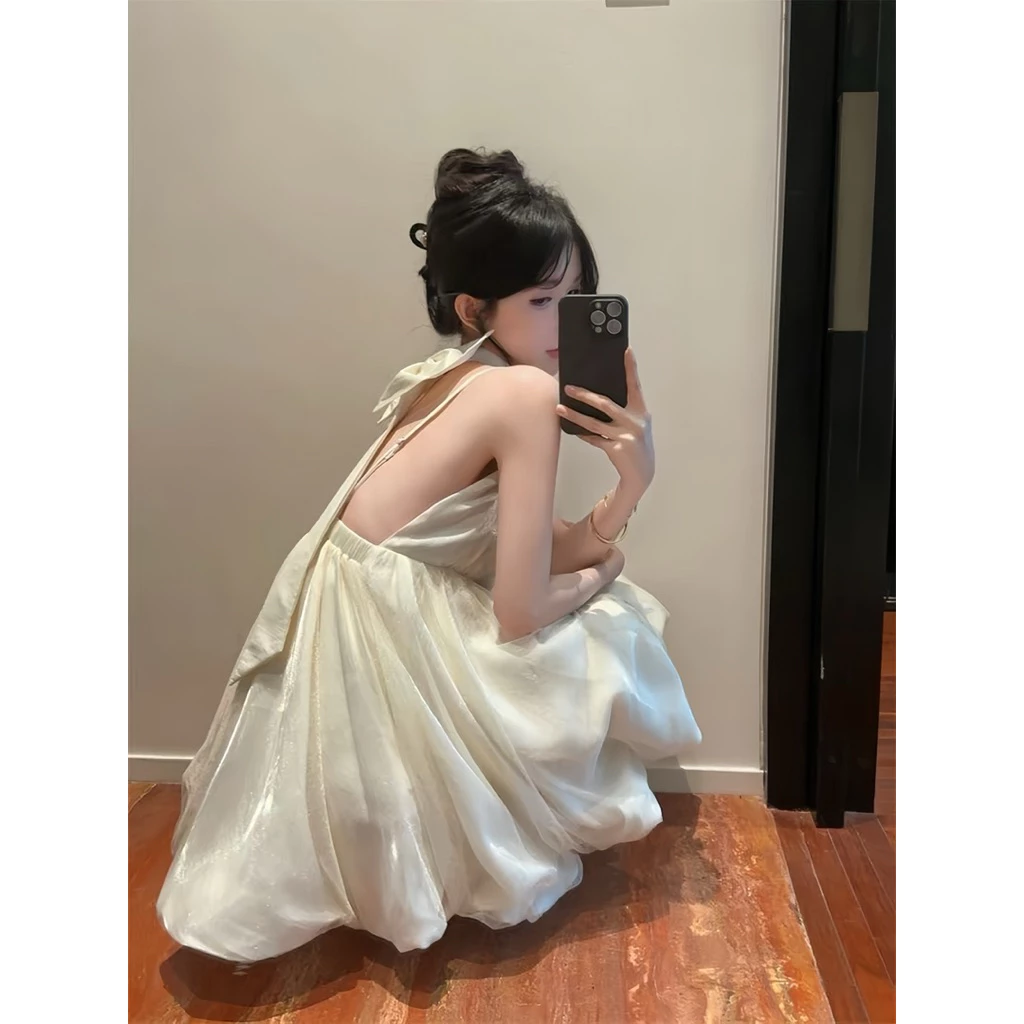 Đầm Babydoll Dự Tiệc, Đầm Váy Cổ Yếm Kèm Nơ ( Có Mút Ngực) Thiết kế Hở Lưng Tùng Xoè Phối Nơ Tiểu Thư, Nữ Tính