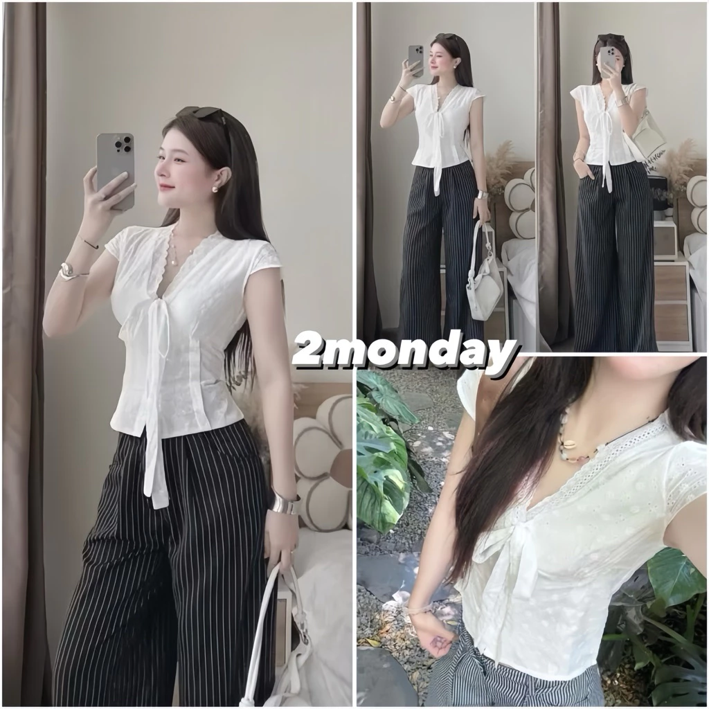 [HÀNG QC/ VIDEO] ÁO REN XÔ BOI TAY HẾN CỔ V BUỘC THẮT NƠ SIÊU XINH 2MONDAY A80