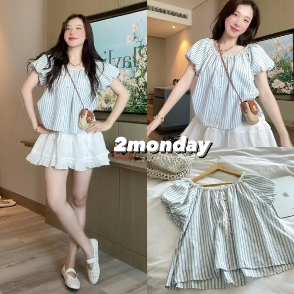 [VIDEO/ SẴN] ÁO BABYDOLL TRỄ VAI KẺ SỌC XANH ĐÍNH CÚC BỌC SIÊU XINH 2MONDAY A82