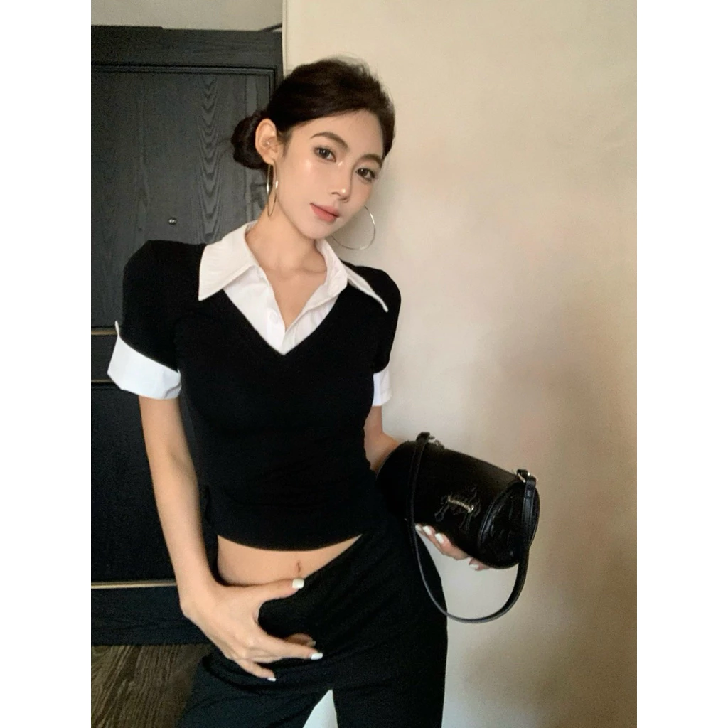 PQ25- Áo thun phối cổ sơ mi 42-60kg ôm body tôn dáng, phong cách Hàn Quốc