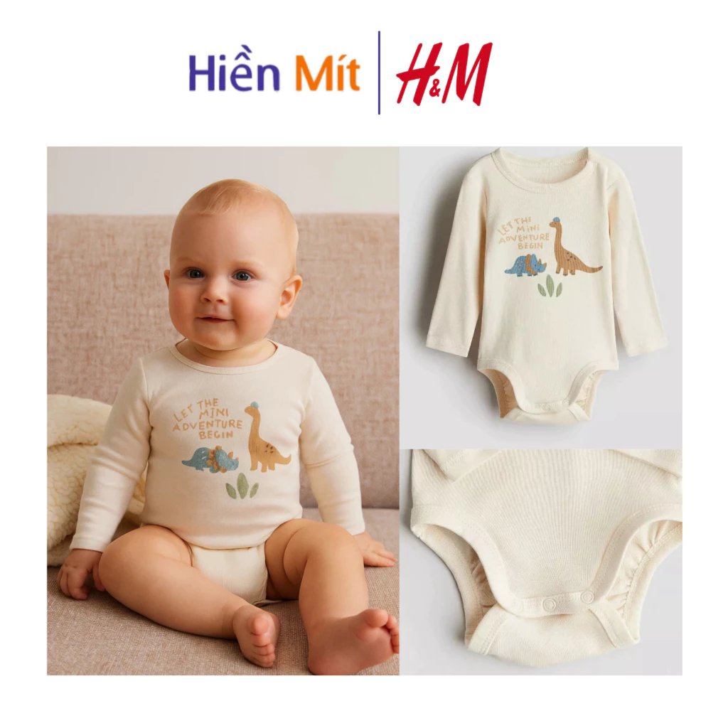 [H&M Nhật Sale] - Bodysuit dài tay bé trai gái khủng long cotton 100% màu be kem 1146165039 HM chính hãng auth unisex