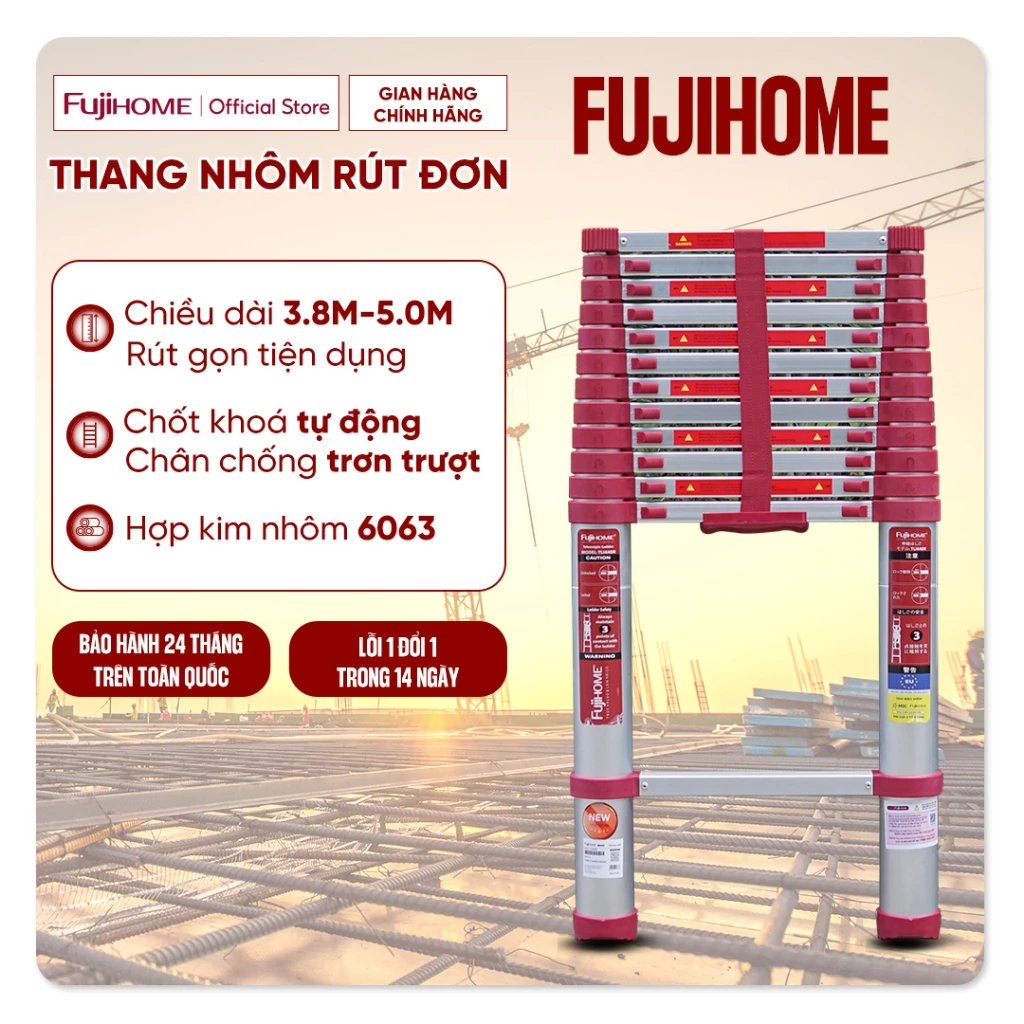 Thang nhôm rút đơn nhập khẩu 3,8M- 4.4M-5M gấp gọn FUJIHOME Nhập Khẩu, thang rút chữ I xếp gọn chốt khoá tự động đa năng
