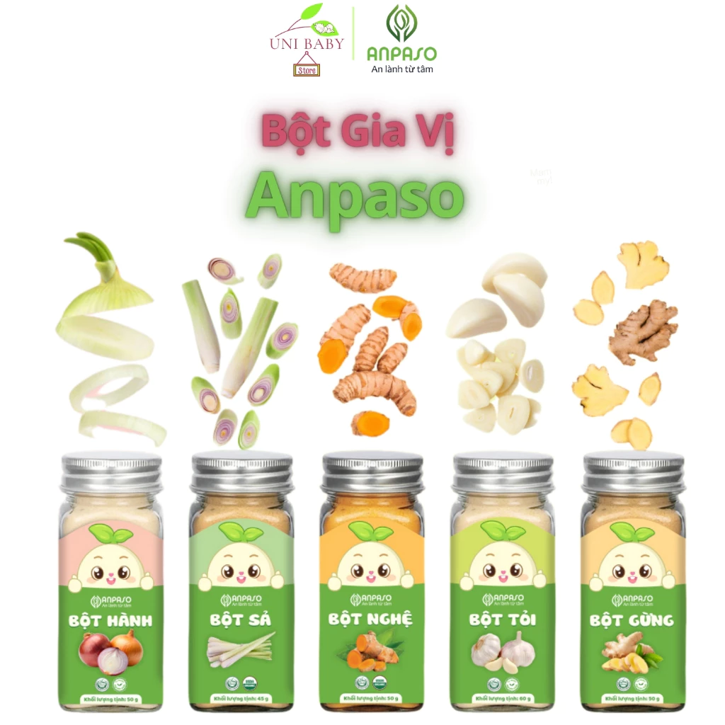Bột gia vị Anpaso cho bé, Bột hành, tỏi, nghệ, sả, gừng giúp dậy vị món ăn, an toàn cho bé ăn dặm