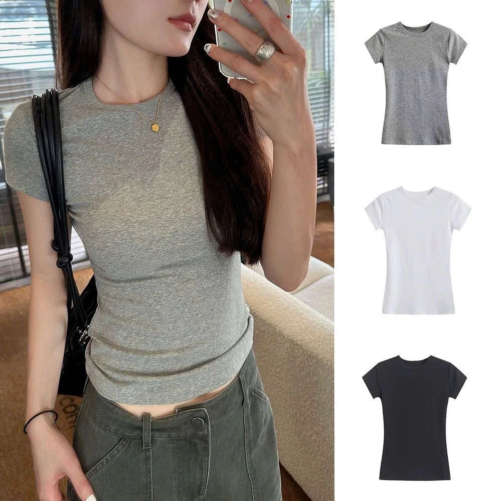 Áo Babytee Thun Trơn Cổ Tròn Chất Tăm Co Giãn Dễ Phối Đồ Nữ