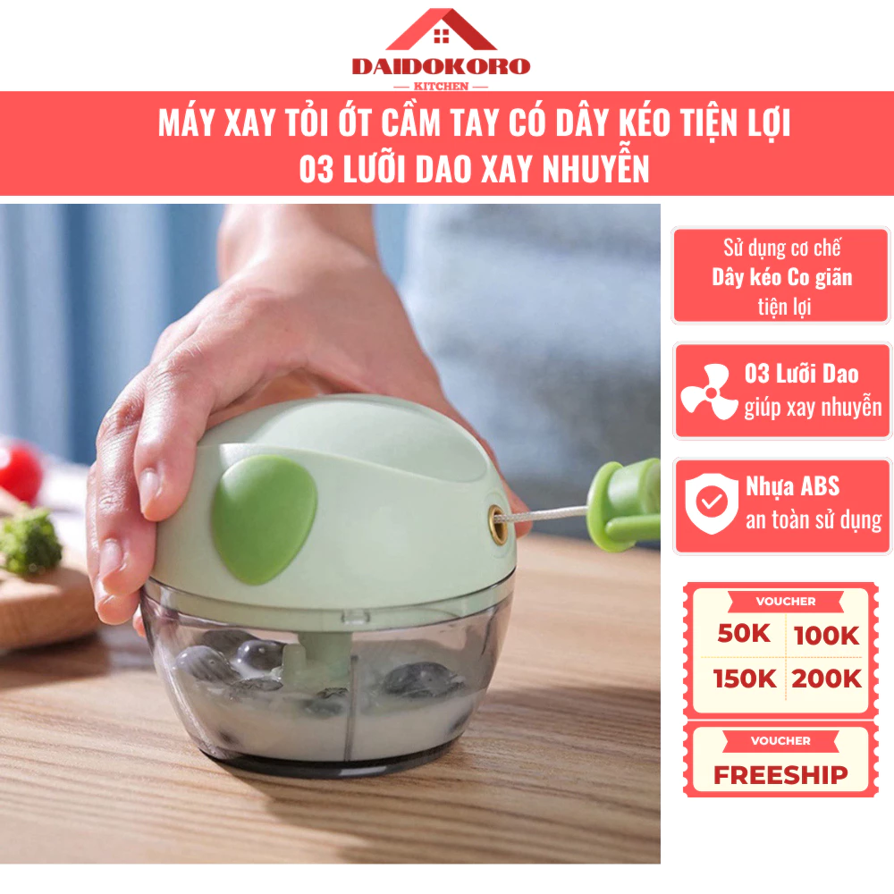Máy Xay Tỏi Ớt Cầm Tay Hình Heo Dùng Dây Kéo Có 03 Lưỡi Dao Xay Nhuyễn Nguyên Liệu Tiện Lợi