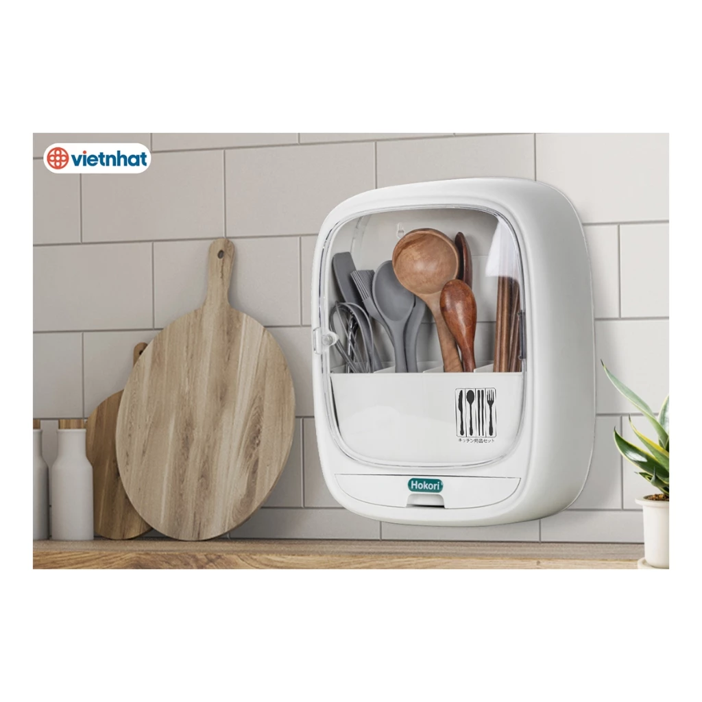 Hộp Đựng Đũa Thìa Dán Tường 4 Ngăn Nhựa Việt Nhật cao cấp, Ống Đũa Hokori dán tường Mã 6788 - VNXK