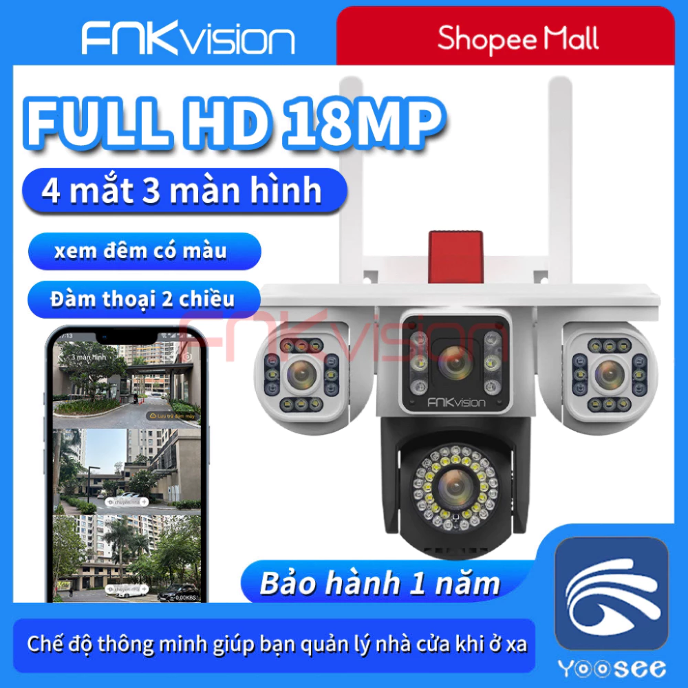 【Fnkvision】Camera YOOSEE 2 mắt Ngoài Trời 4 mắt (Xoay Được 3 Mắt) 3 Màn Hình Độ Phân Giải 18MP Tích Hợp 54 LED Nét OK