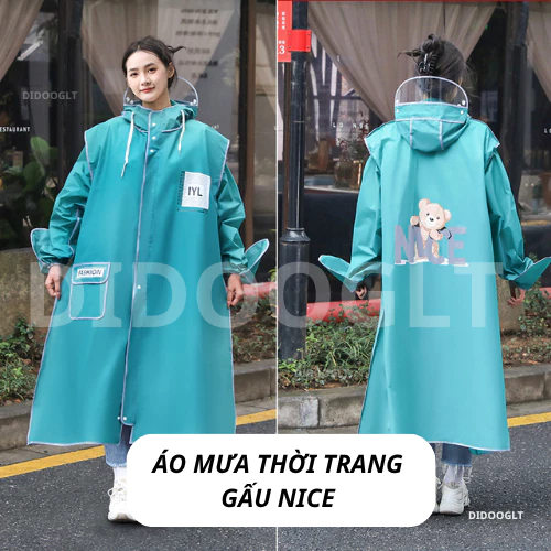 Áo mưa thời trang có khoá kéo tiện lợi hình gấu Nice - Áo mưa toàn thân chất liệu dày dặn chống thấm