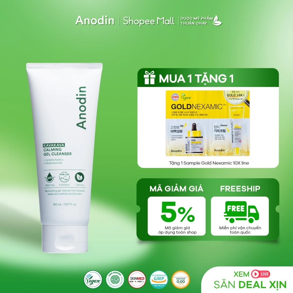 Gel rửa mặt cho da dầu mụn, nhạy cảm pH 5.5 Anodin KavaKava Calming 150ml