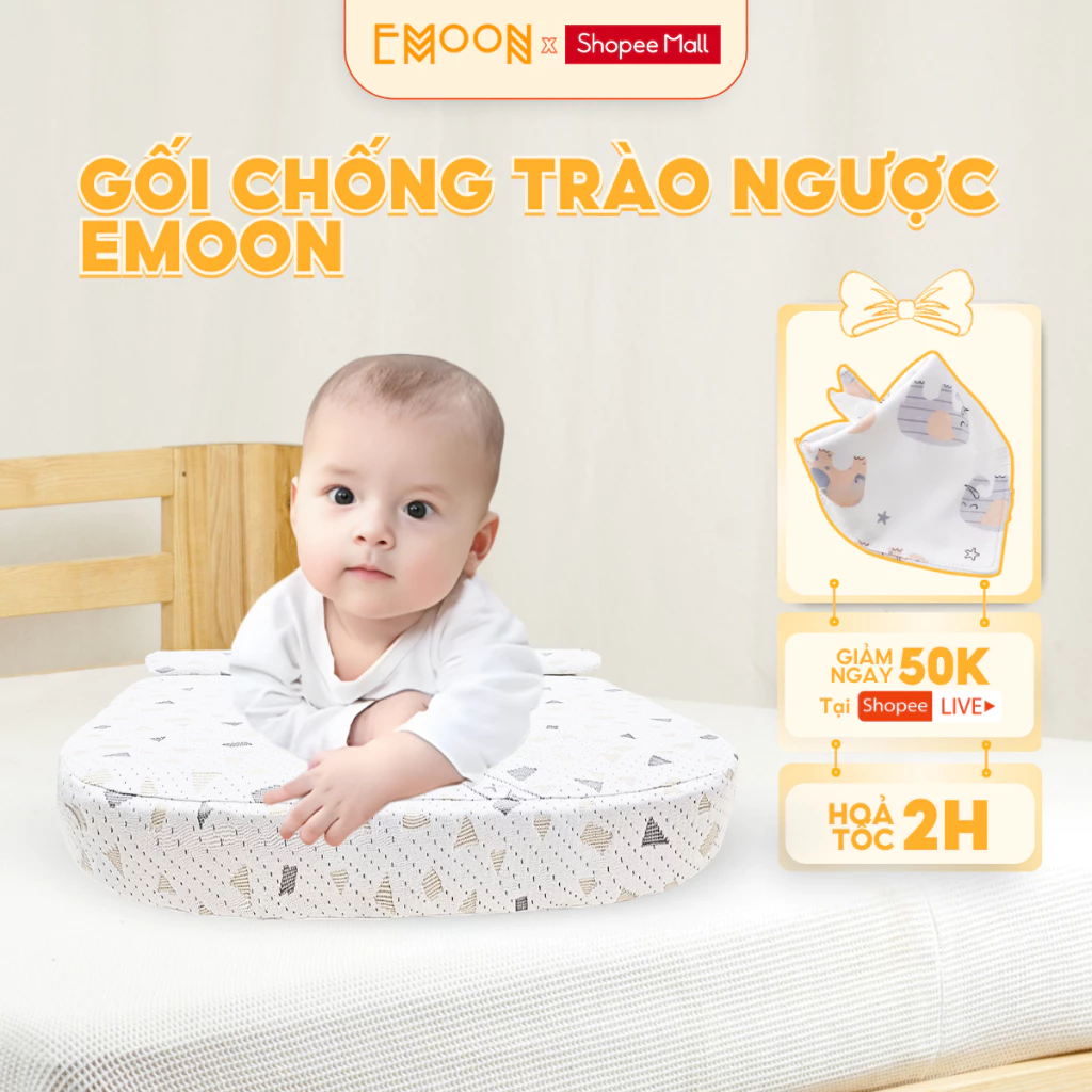 Gối chống trào ngược Emoon bo tròn cho bé chống võng lưng thiết kế dốc chuẩn y khoa, giảm ngay nôn trớ, ọc sữa