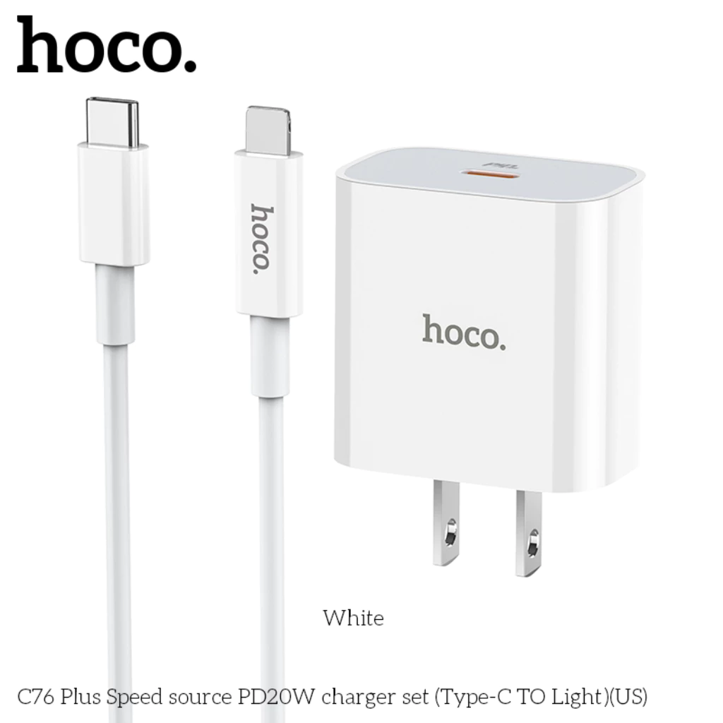 Bộ Củ Cáp Sạc Nhanh PD20W Hoco C76 Plus 3A Kèm Cáp Type-C To I.P 1M Tương Thích IP 7/8/X/11/12/13/14