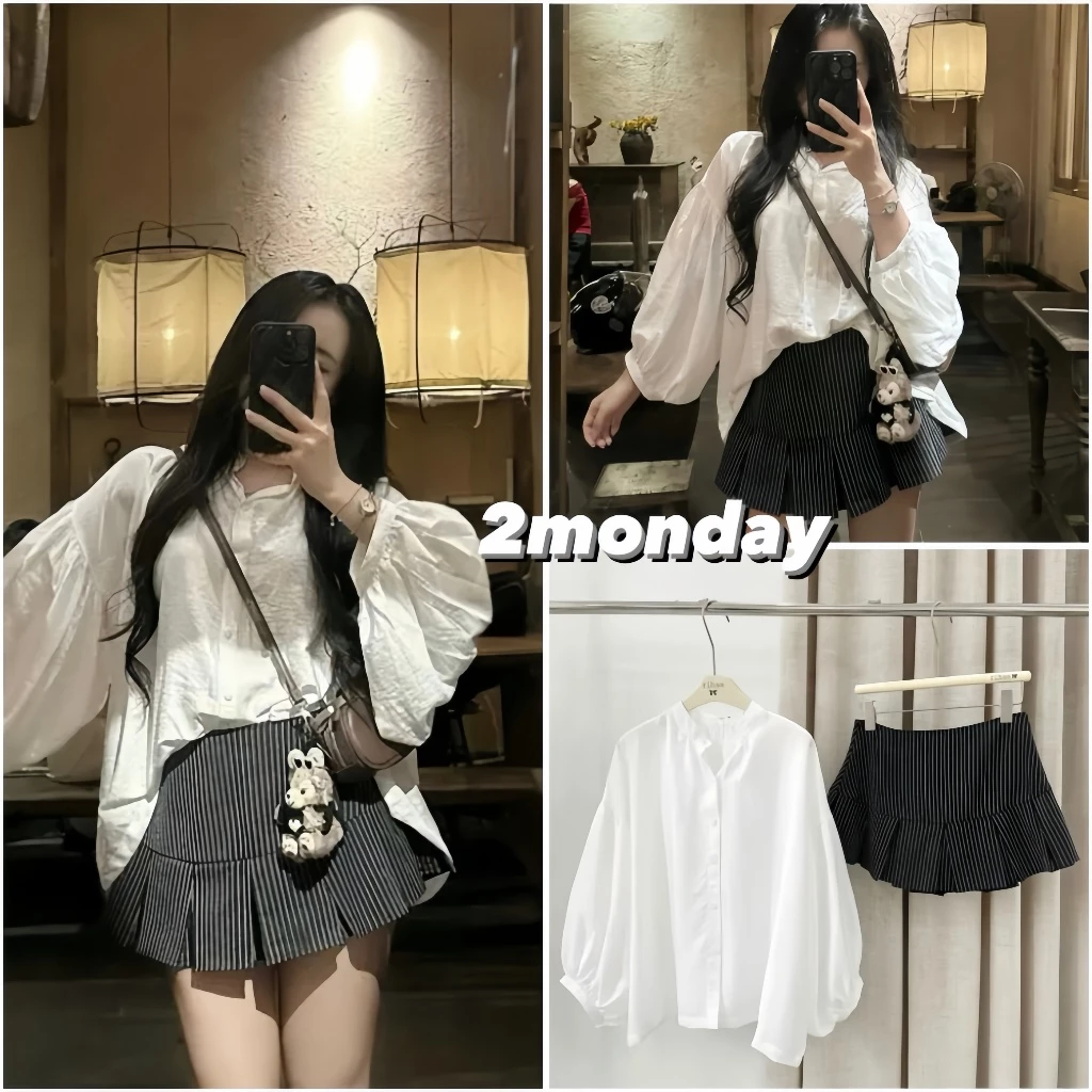 [VIDEO/ SẴN] SET ÁO SƠ MI TAY BỒNG CHẤT ĐŨI CỔ TÀU MIX CHÂN VÁY KẺ XẾP LY XOÈ BỒNG 2MONDAY S44