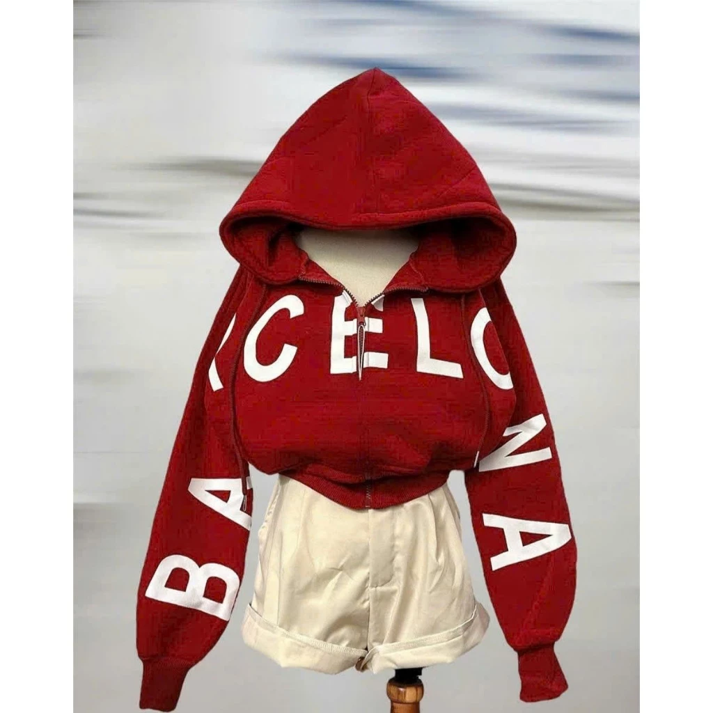 BACELONA Áo Khoác Nữ Nỉ Bông Túi Trong In Nổi Hoodie Dây Kéo Zip Nón To Freesize Top Áo Chống Nắng Form Boxy Xỏ Ngón