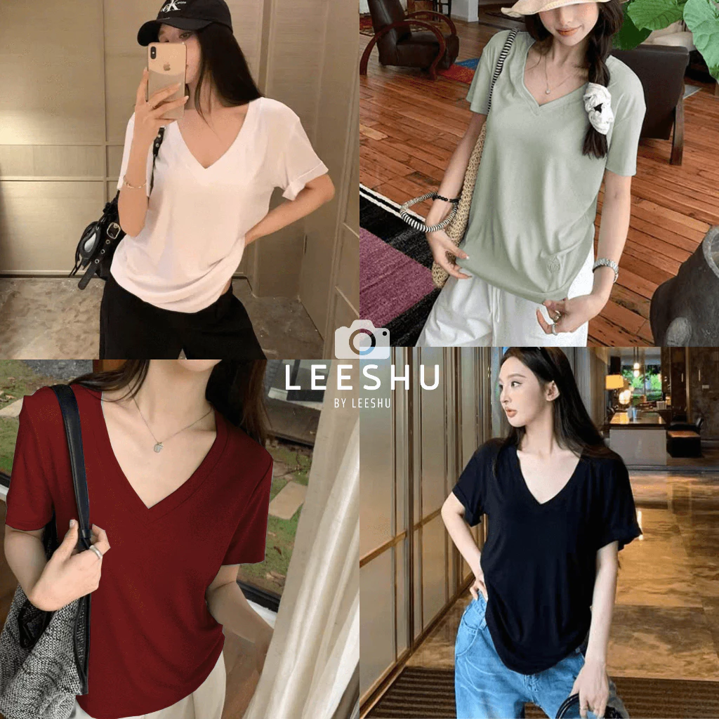 Áo cổ tim tay cộc vải thun lạnh form rộng nhiều màu ❤Leeshu❤ Áo thun cổ V chất thun lạnh mềm mát có Bigsize
