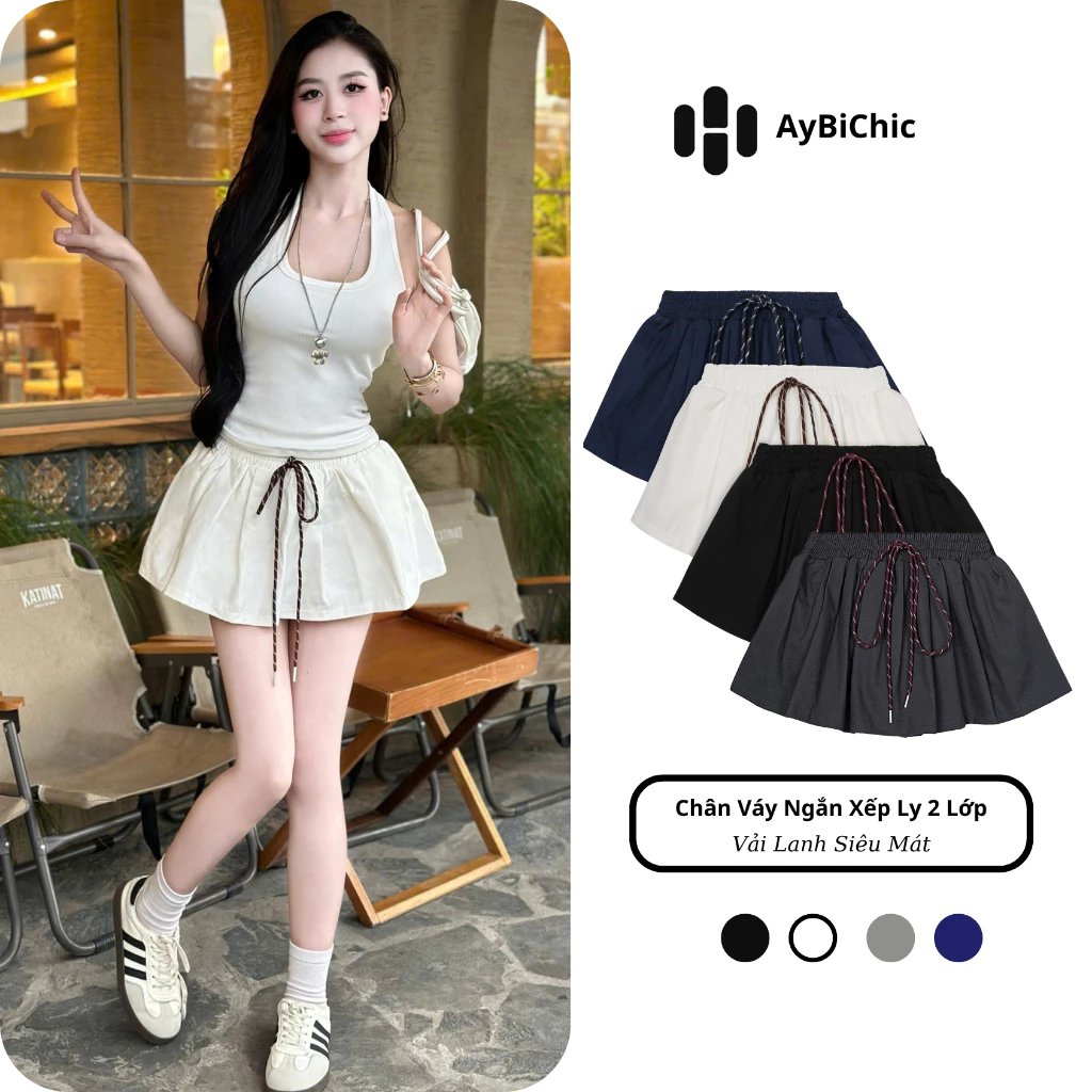 Chân Váy Nữ Women Dáng Ngắn Có Quần Bảo Hộ Độ Bồng Xòe Cạp Chun Xếp Ly Vải Co Dãn 2 Lớp Siêu Thoáng Mát AyBiChic AB182