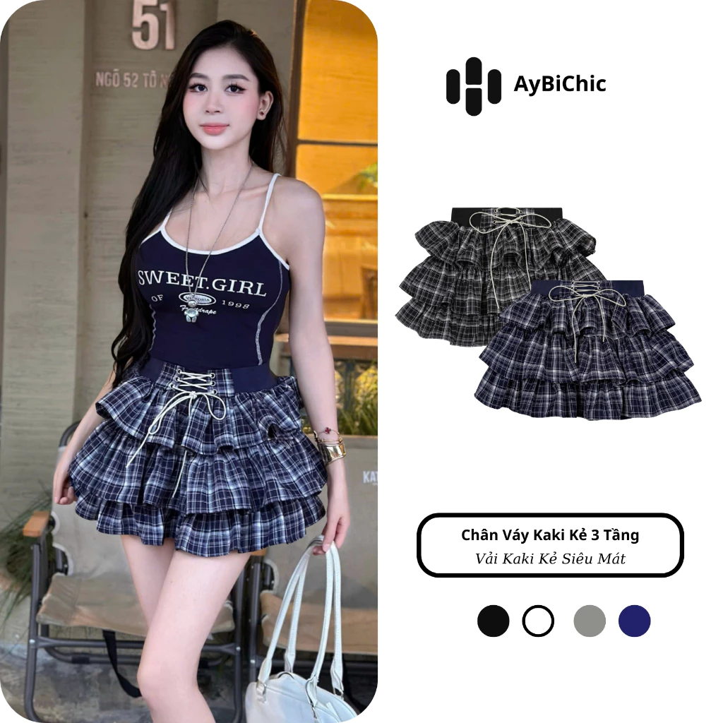 Chân Váy Nữ Women Hình Caro Xếp Tầng Phối Dây Cạp Chun Co Giãn Siêu Đẹp AyBiChic AB183
