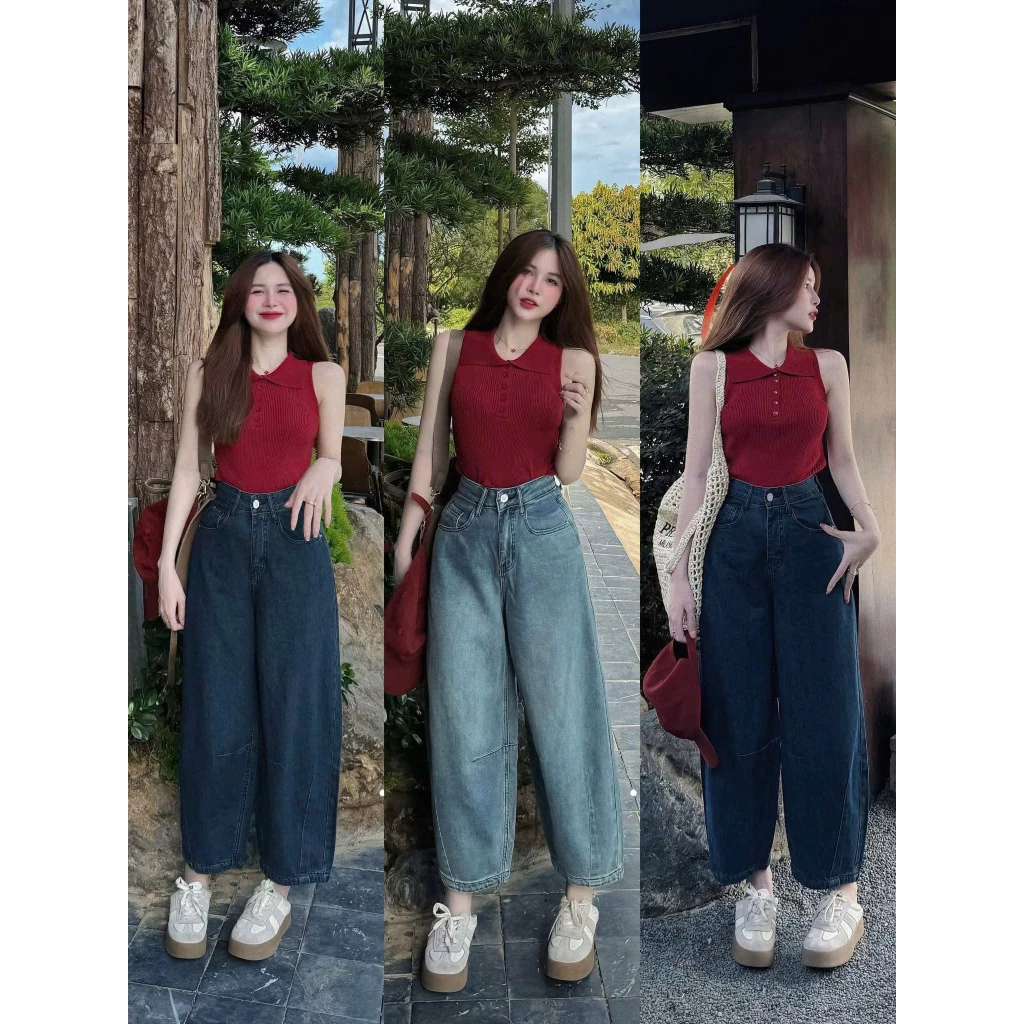 Quần Bò Baggy Jeans Nữ, Quần Bò Jeans Denim Nữ Trơn Phối Viền 2 Màu Cạp Cao Dáng Baggy Phong Cách Ulzzang