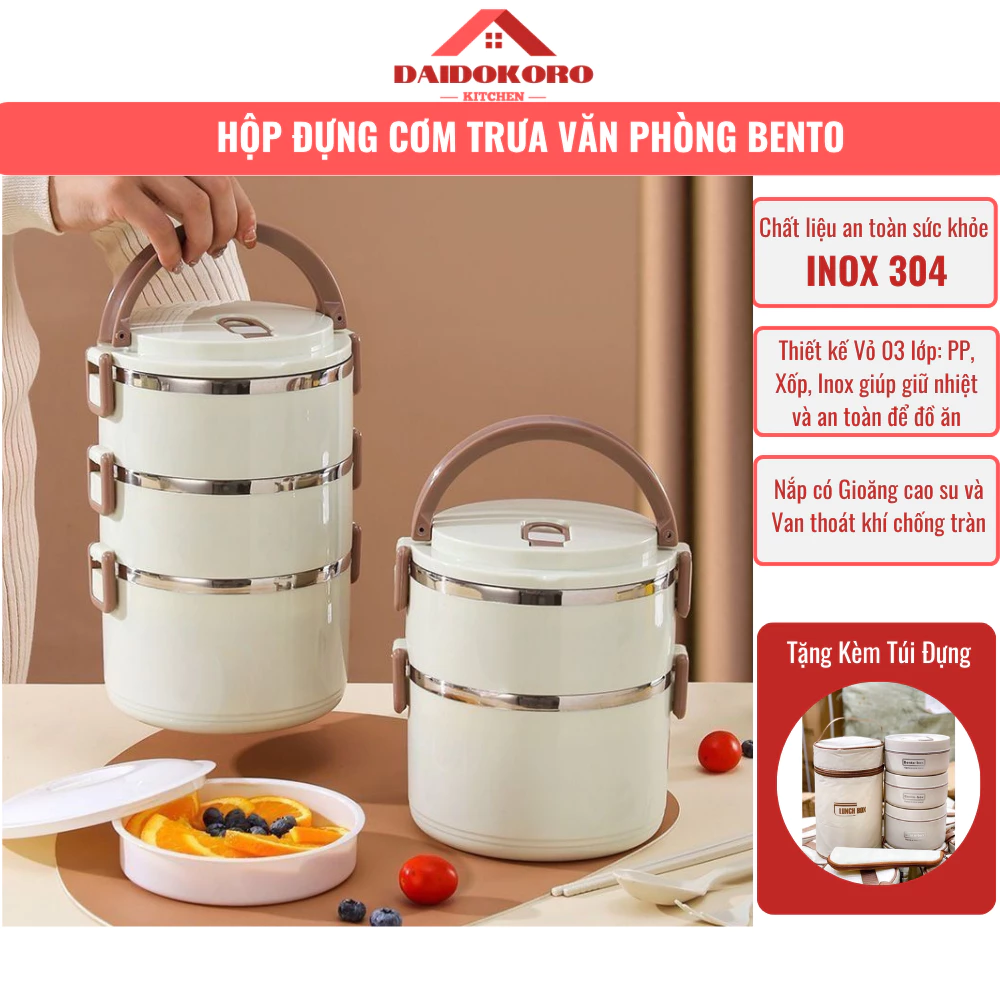 Hộp Cơm Văn Phòng Giữ Nhiệt Bento Dáng Tròn, Dáng Chữ Nhật Chất Liệu Inox 304 Vỏ 3 Lớp Giữ Nhiệt
